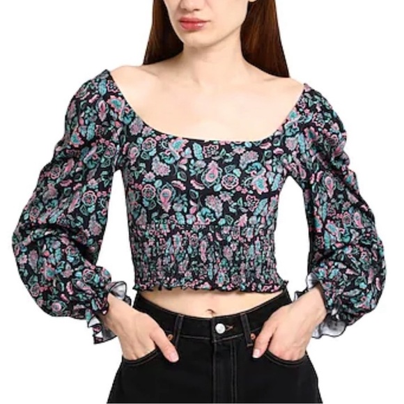 TopShop Crop Smocked Square Neck Floral Print Blouse Multicolor//size 4-6 - Picture 3 of 6